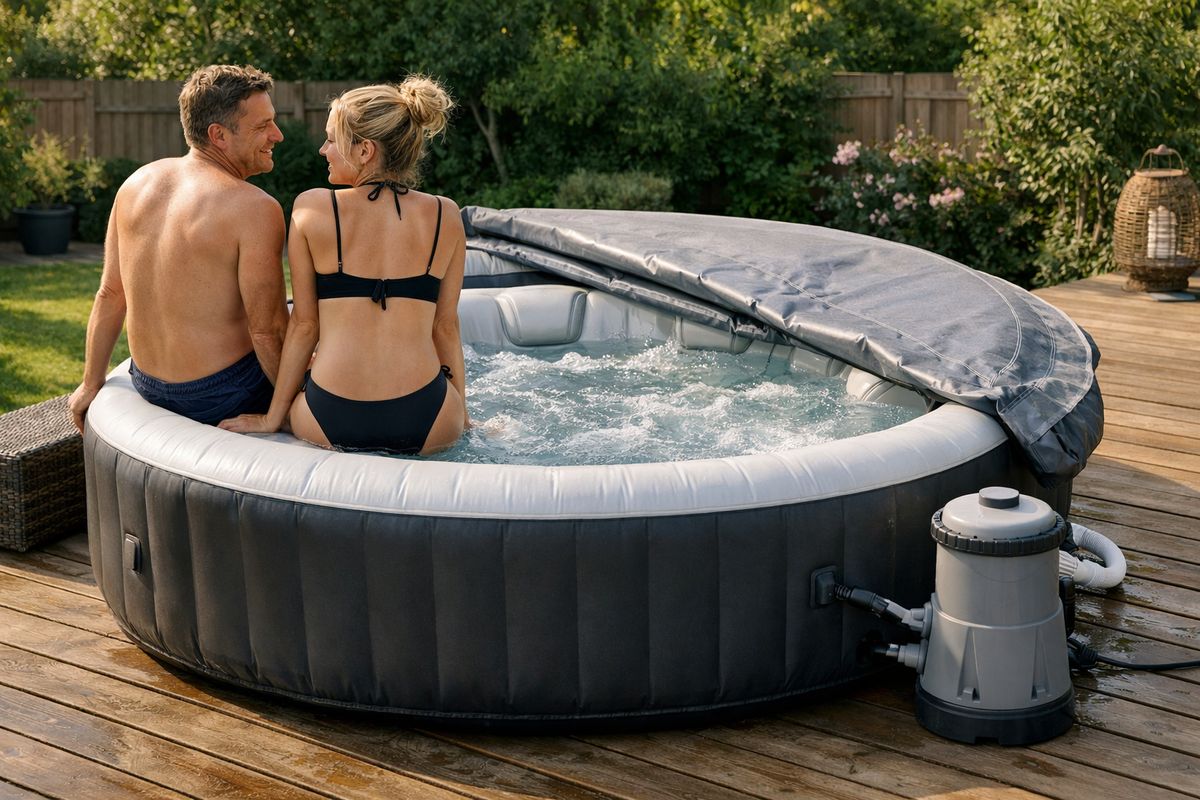Een opblaasbare jacuzzi voor zes personen op een houten terras in de tuin, met een afdekzeil half teruggeslagen, een filterpomp naast de kuip en twee mensen die aan de rand zitten terwijl er nog lege zitplaatsen zichtbaar zijn in de spa.