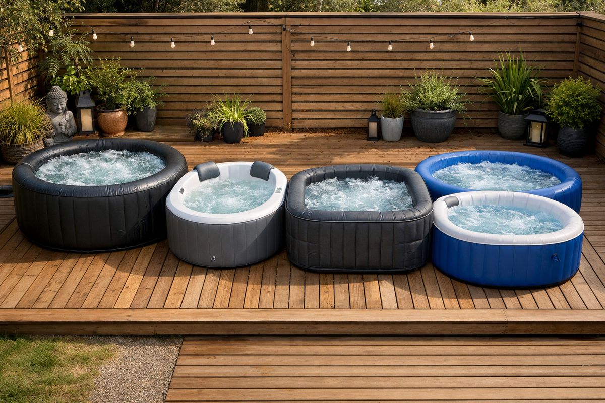 Een compact achterterras met vijf verschillende jacuzzi-modellen naast elkaar: een ronde opblaasbare spa met bubbels, een kleinere tweepersoons ovale jacuzzi, een vierpersoons opblaasmodel in donkergrijs, een semi-rigide spa met stevige buitenrand en een eenvoudige budget-jacuzzi in blauw, allemaal geplaatst op een houten vlonder met genoeg loopruimte eromheen.