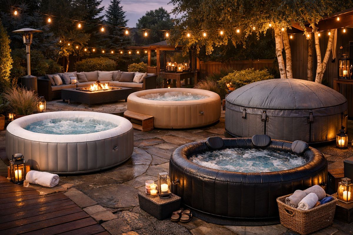 A stylish backyard with several inflatable outdoor jacuzzis set up on a patio in different colors and sizes, one covered and ready for cold-weather use, with a soft evening light suggesting year-round relaxation