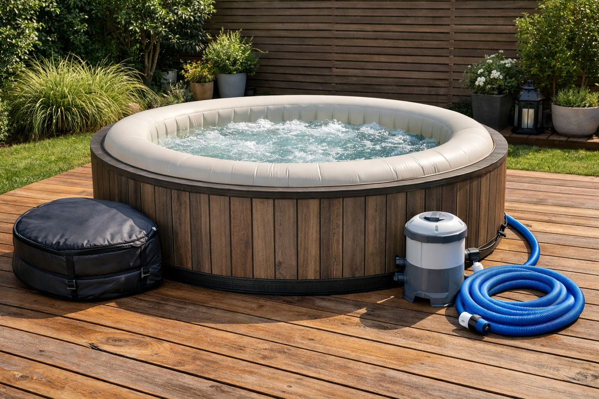 Een ronde opblaasbare jacuzzi in een achtertuin met houten terras, omringd door een nette houtlook buitenrand, naast een opgevouwen cover, een filterpomp en een slang die klaar ligt voor aansluiting, zodat de focus ligt op formaat, uitstraling en praktisch gebruik buiten.