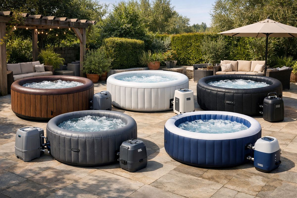 Een buitenopstelling met vijf opblaasbare jacuzzi’s in een tuin of showroomachtig terras, elk in een andere stijl en grootte, met zichtbare ronde kuipen, pompunits en filtersystemen naast de baden, zodat de verschillende modellen uit de vergelijking visueel naast elkaar staan.