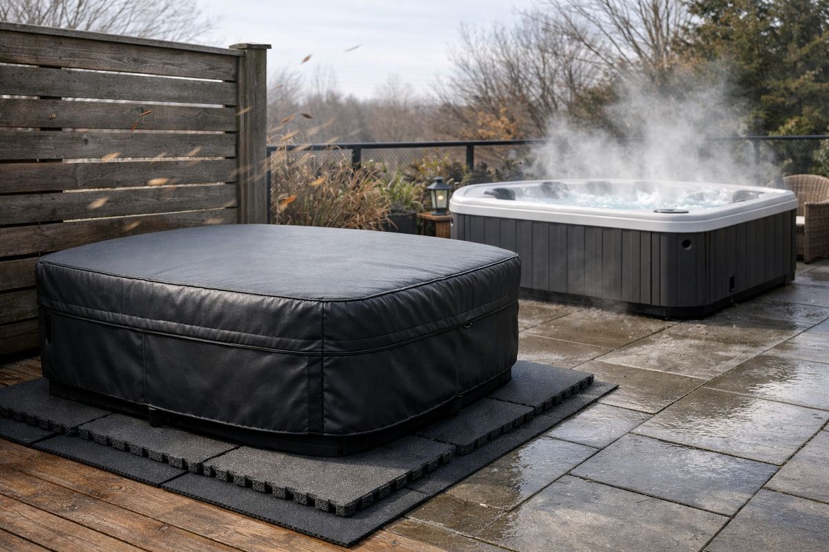 Een buitenjacuzzi op een terras in koel weer, met een dikke beschermcover strak over de kuip, isolatiematten onder de basis en wind die langs een tuinhek blaast, terwijl een tweede spa op koude tegels zichtbaar meer warmteverlies suggereert door damp boven het water en een openere opstelling.