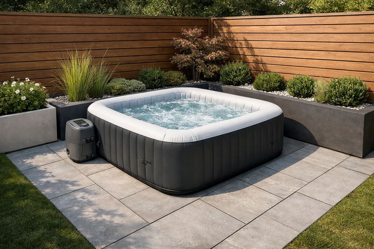 A modern backyard terrace with a square inflatable jacuzzi placed neatly in a corner beside straight stone paving, a wooden fence, and rectangular planters, showing how the clean lines of the spa align with the garden layout