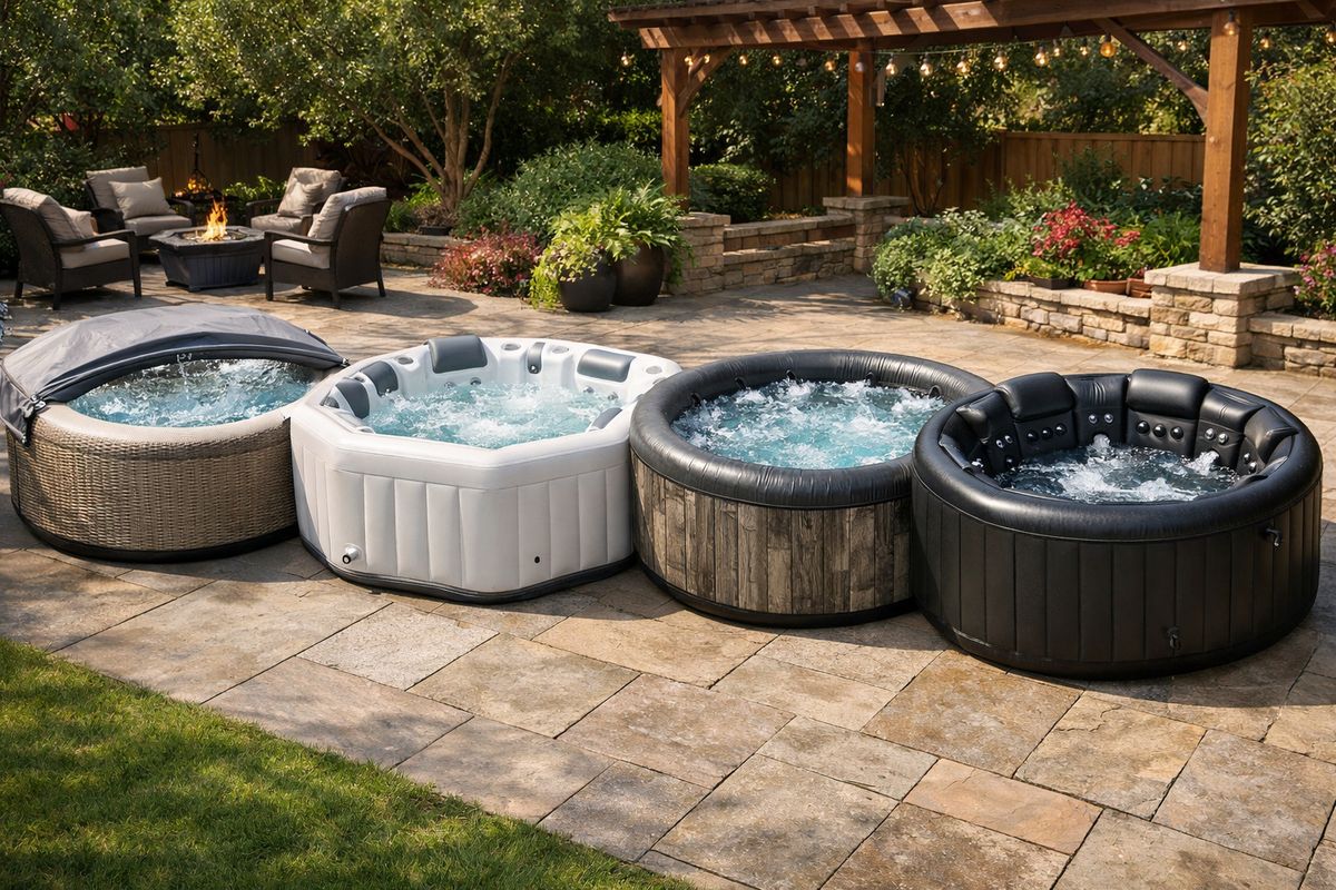 A backyard scene with four inflatable 8-person jacuzzi models set up side by side on a patio, each showing a different exterior finish and shape, with one model partially covered and another showing visible massage jets and seating sections.