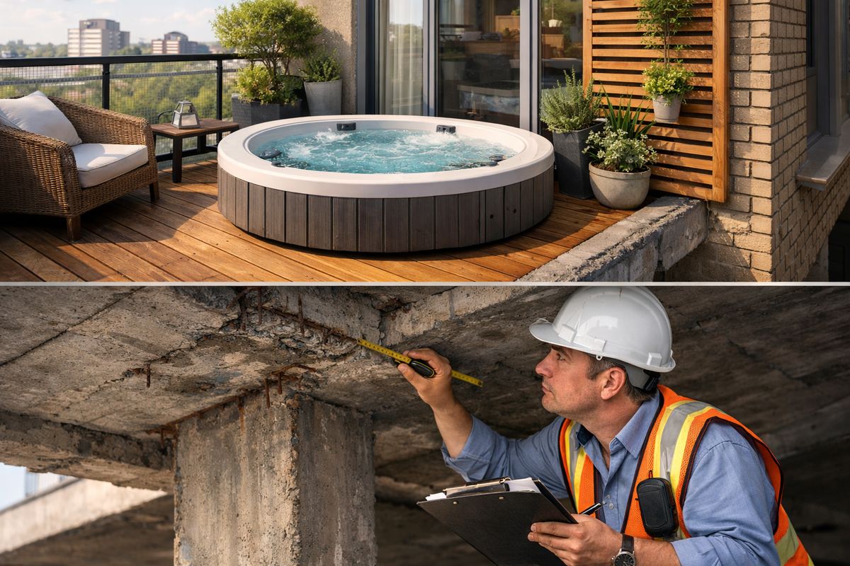 A concrete visual scene of a small apartment balcony with a compact spa tub placed on the floor, the balcony slab exposed at the edge, and a structural engineer measuring the balcony and inspecting the underside from below with a clipboard and measuring tools, emphasizing load-bearing safety