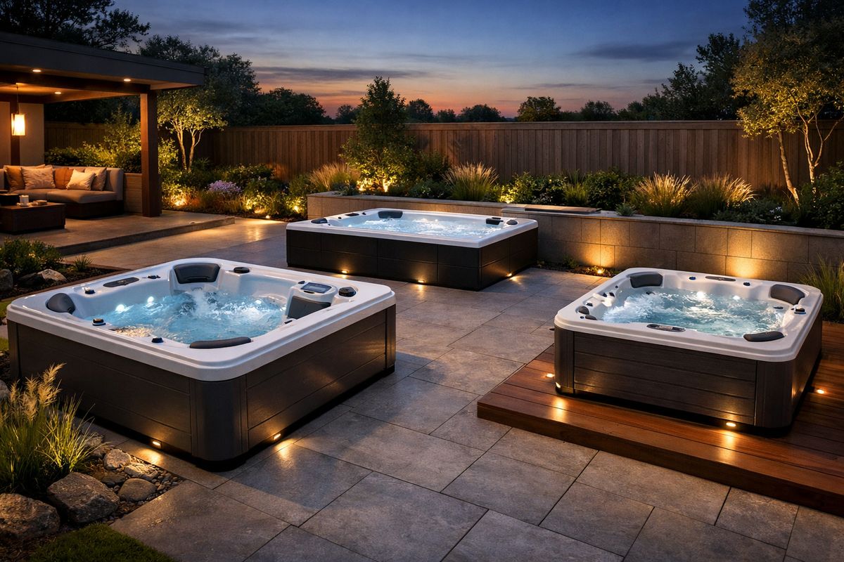 A modern backyard at dusk with three luxury outdoor hot tubs arranged on a patio: one large square spa with a lounge seat, one sleek rectangular design spa near a low planter wall, and one compact premium spa beside a timber deck, all surrounded by subtle garden lighting and clean stone paving
