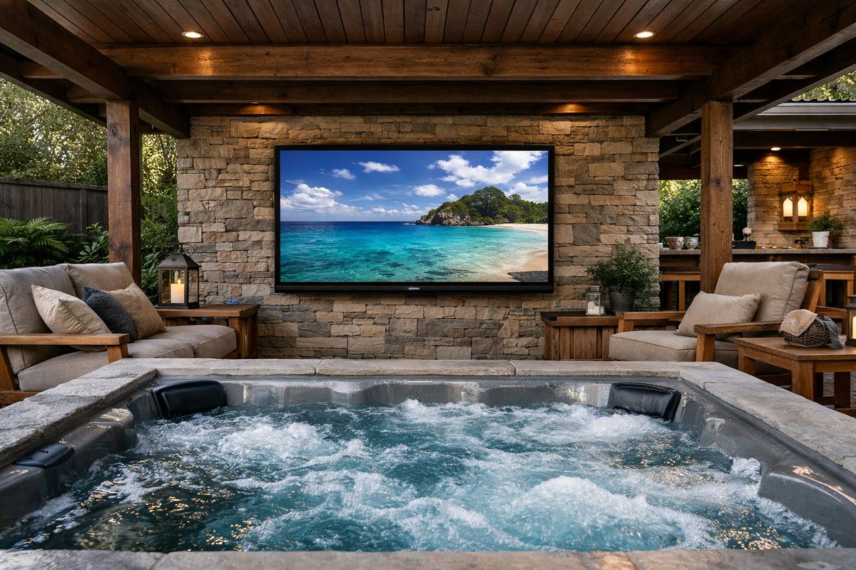 A covered backyard spa area with a rectangular jacuzzi in the foreground, a wall-mounted weatherproof television on the opposite side, and a wooden lounge setup around it under a veranda, showing the screen positioned for comfortable viewing from the water