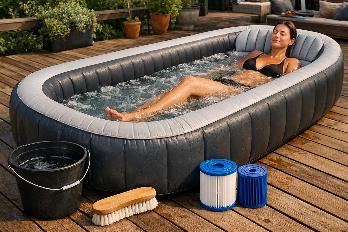 Een langwerpige opblaasbare jacuzzi op een houten terras, met één persoon half achterover liggend zodat de lange binnenruimte, de rugsteun en de uitgestrekte beenruimte duidelijk zichtbaar zijn, naast de spa een emmer, zachte borstel en filterelementen voor onderhoud.