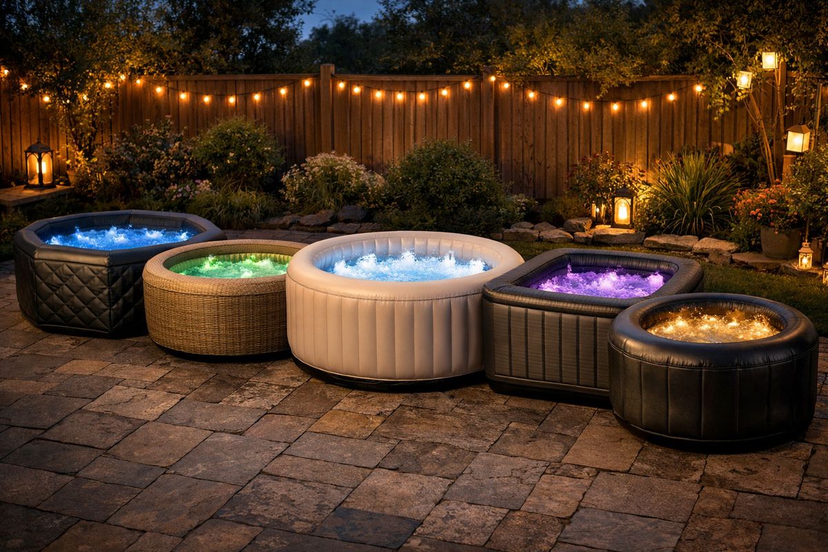 A backyard scene with five different inflatable jacuzzi models arranged side by side on a patio at dusk, each with subtle colored LED glow, showing different shapes, sizes, and exterior finishes, with a garden fence and warm evening lighting in the background