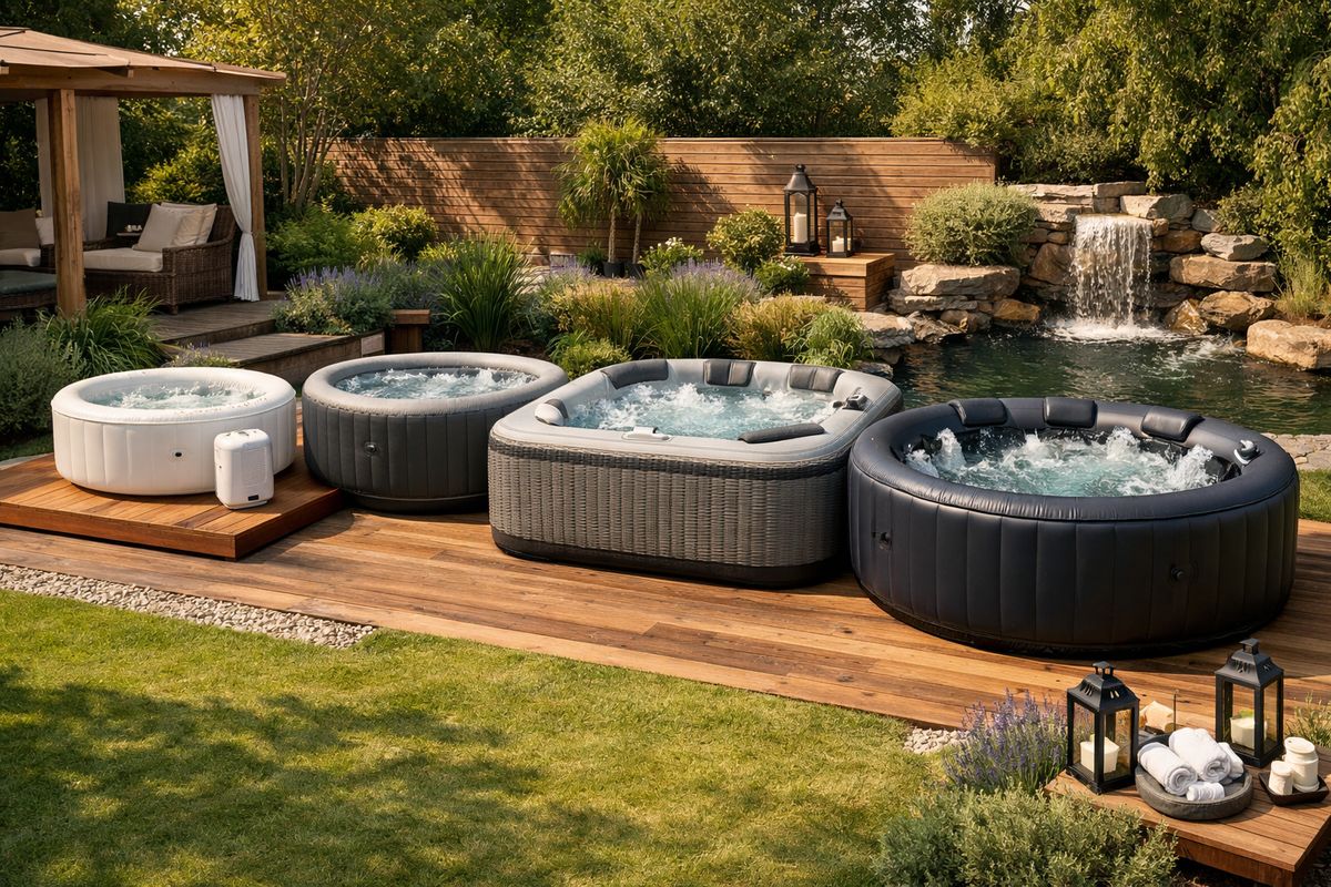 Een rustige achtertuin met vijf opblaasbare jacuzzi’s opgesteld naast elkaar in verschillende maten en kleuren, met een compact model op een houten vlonder, een luxer ogende spa met grijze afwerking, en een grotere spa met meerdere jets, allemaal in een verzorgde wellnesssetting