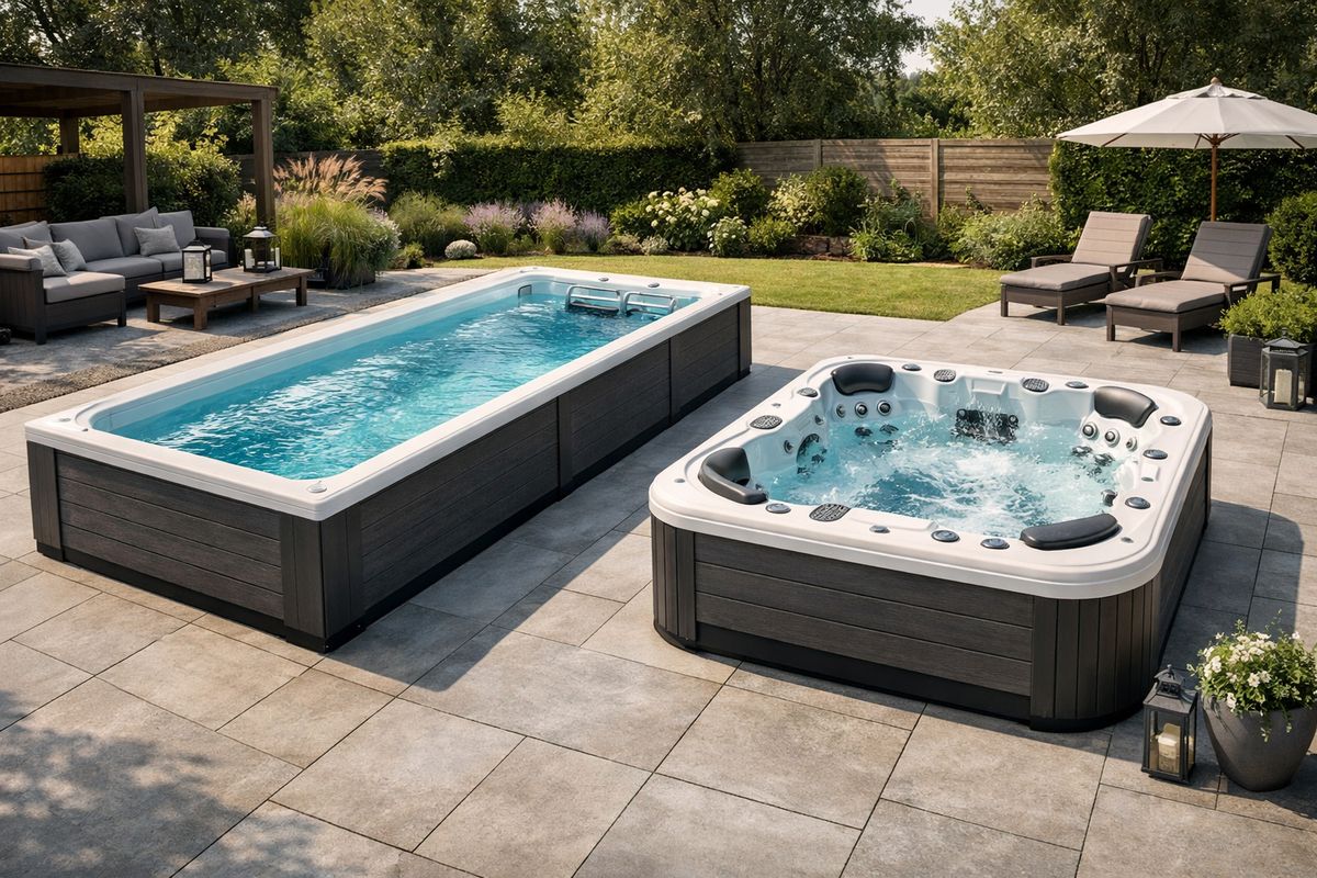 Een ruime achtertuin met twee verschillende swim spa’s naast elkaar: links een langwerpig, strak model met een duidelijk vrij zwemgedeelte, rechts een compacter bad met meer ronde zitzones en ingebouwde rugsteunen, beide geplaatst op een vlak terras met voldoende loopruimte eromheen.