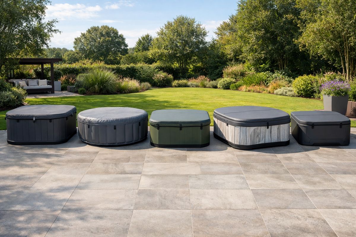 Een ruime tuin met vijf verschillende jacuzzi’s naast elkaar opgesteld: een semi-rigide vierpersoons spa met stevige antracietkleurige wand, een zespersoons ronde opblaasbare spa, een vierkante spa in olijfgroen, en twee andere vormvaste modellen op een vlak terras, allemaal met afdekkappen erop en een buitensetting die hun verschil in vorm, grootte en afwerking duidelijk laat zien.
