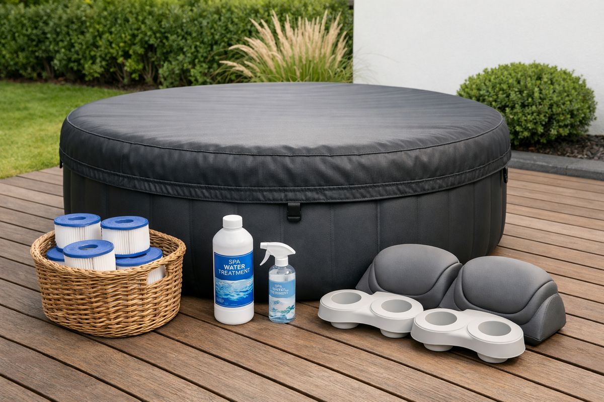 Een opblaasbare jacuzzi in een achtertuin met een stevige afdekcover erop, daarnaast een mand met reservefilters, een fles waterbehandelingsmiddel, een kleine reinigingsspray en een set spa-kussens en bekerhouders ernaast op een houten terras