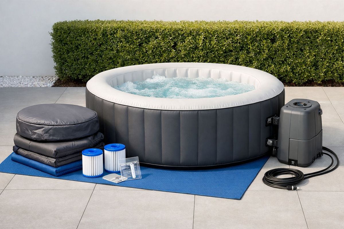 A compact inflatable jacuzzi in a backyard next to a stack of extra accessories such as a cover, filter cartridges, a ground mat, and a small repair kit, with the spa pump and power cable visible beside it