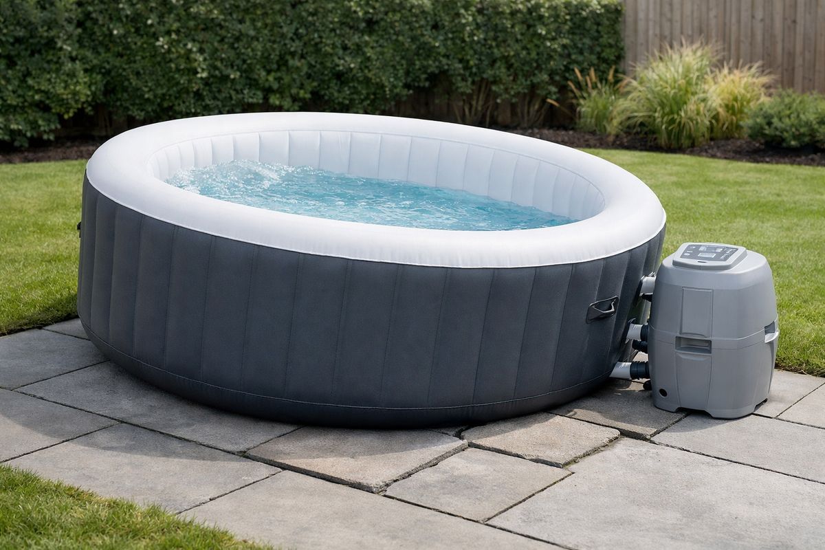 Een opblaasbare jacuzzi in a tuin staat scheef op een licht verzakte ondergrond, met de waterlijn duidelijk hoger aan één kant, naast een pompunit en een paar tuintegels die niet helemaal vlak liggen