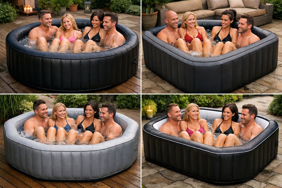 Vier verschillende opblaasbare jacuzzi’s in een buitenopstelling, elk met een andere ronde of vierkante vorm, waarbij de binnenruimte en zitdiepte goed zichtbaar zijn; in de voorste spa zitten vier volwassenen dicht naast elkaar met de benen half opgetrokken om het verschil in comfort en ruimte te laten zien.