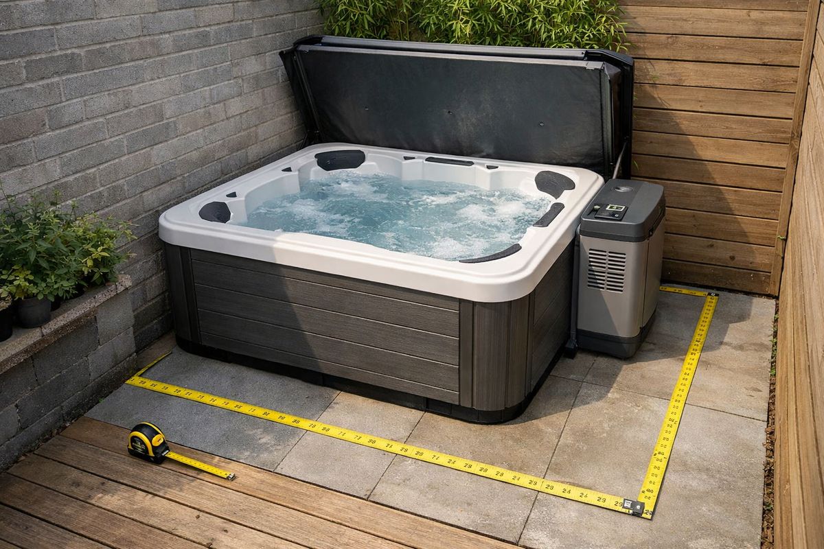 Een smalle tuin- of balkonsituatie waarin een jacuzzi strak in een hoek staat met duidelijke vrije ruimte rondom, een los deksel dat openklapt, een filterunit aan de zijkant, meetlint op de vloer en een vlakke, stevige ondergrond van tegels of houten planken die laat zien hoe de ruimte rondom nodig is voor instap en onderhoud.