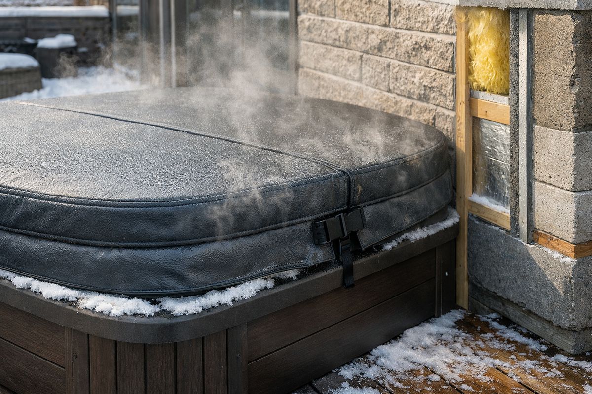 A close view of a filled outdoor jacuzzi with a thick insulated cover pulled tightly over the top, steam rising in cold air, beside a snow-dusted terrace and visible side wall construction showing layered insulation