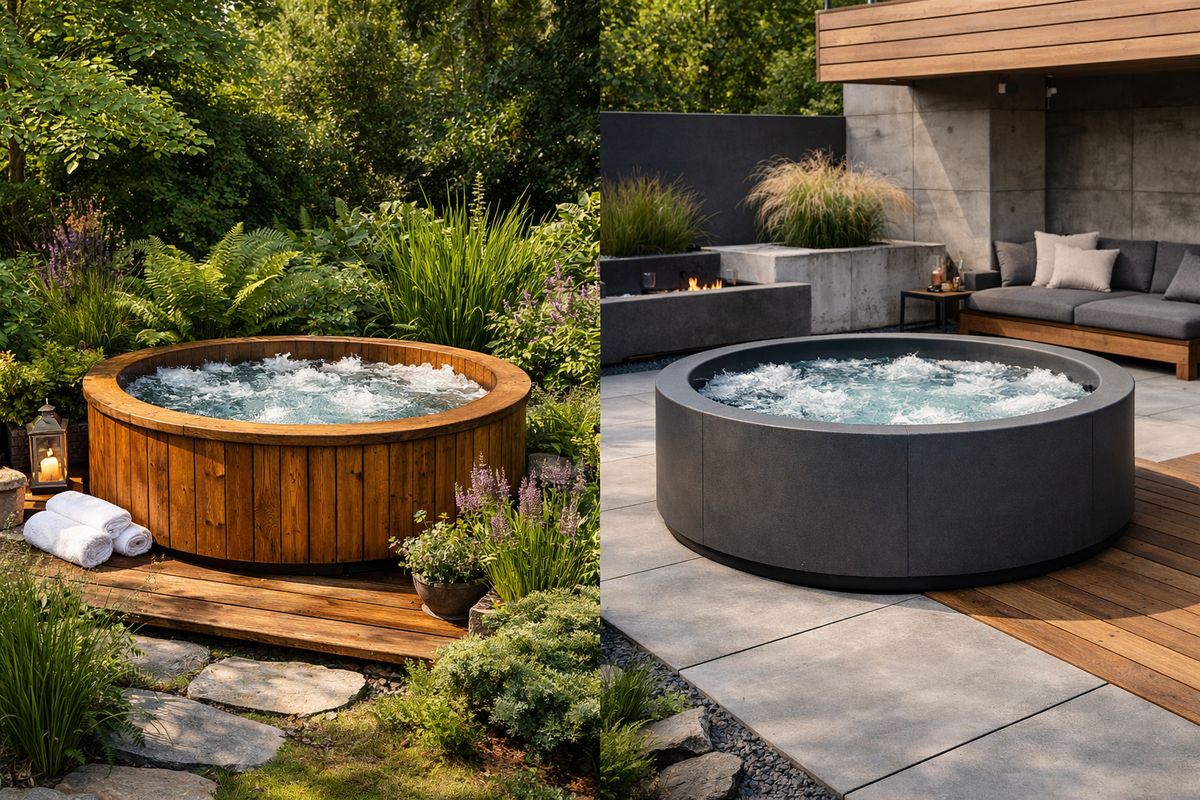 Een sfeervolle tuinsetting met twee ronde jacuzzi’s naast elkaar: één met een warme houtlook die goed past tussen groen en planten, en één in strak grijs naast een modern terras met beton en hout, zodat het verschil tussen natuurlijke en moderne uitstraling duidelijk zichtbaar is.