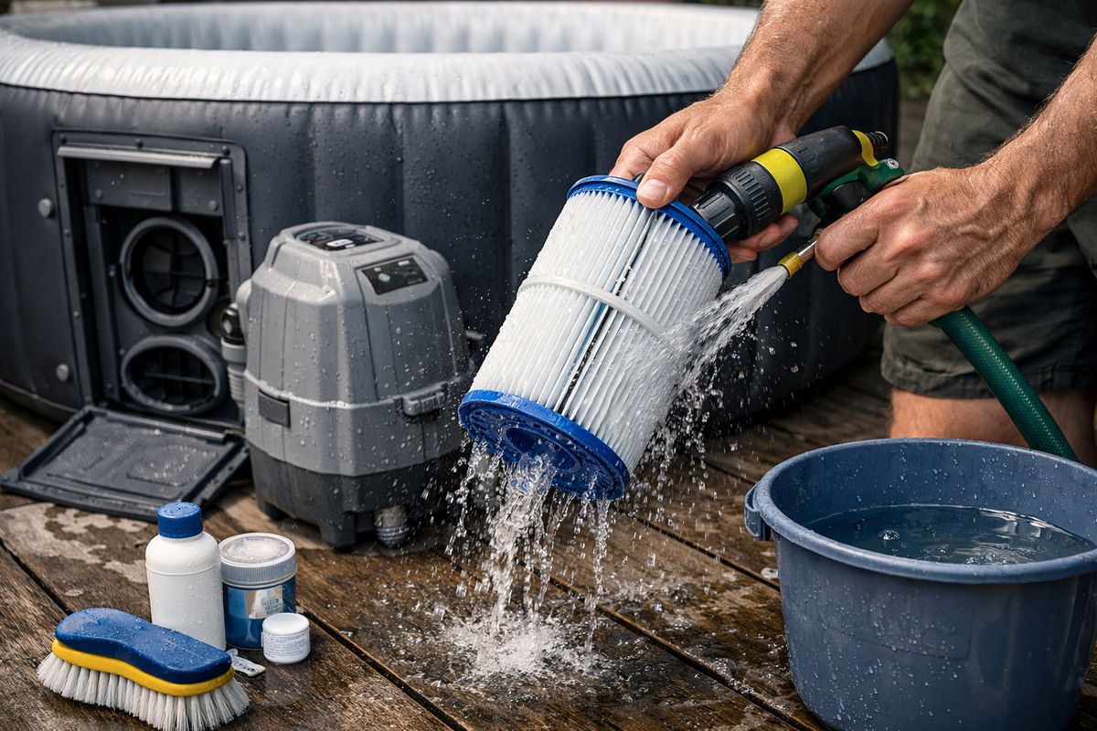 Een close-up van een onderhoudssituatie bij een opblaasbare jacuzzi: iemand spoelt een cilindrisch filter af met een tuinslang naast de kuip, terwijl er open kleppen, een pompunit en schoonmaakspullen zoals een zachte borstel en emmer op de terrasvloer liggen.