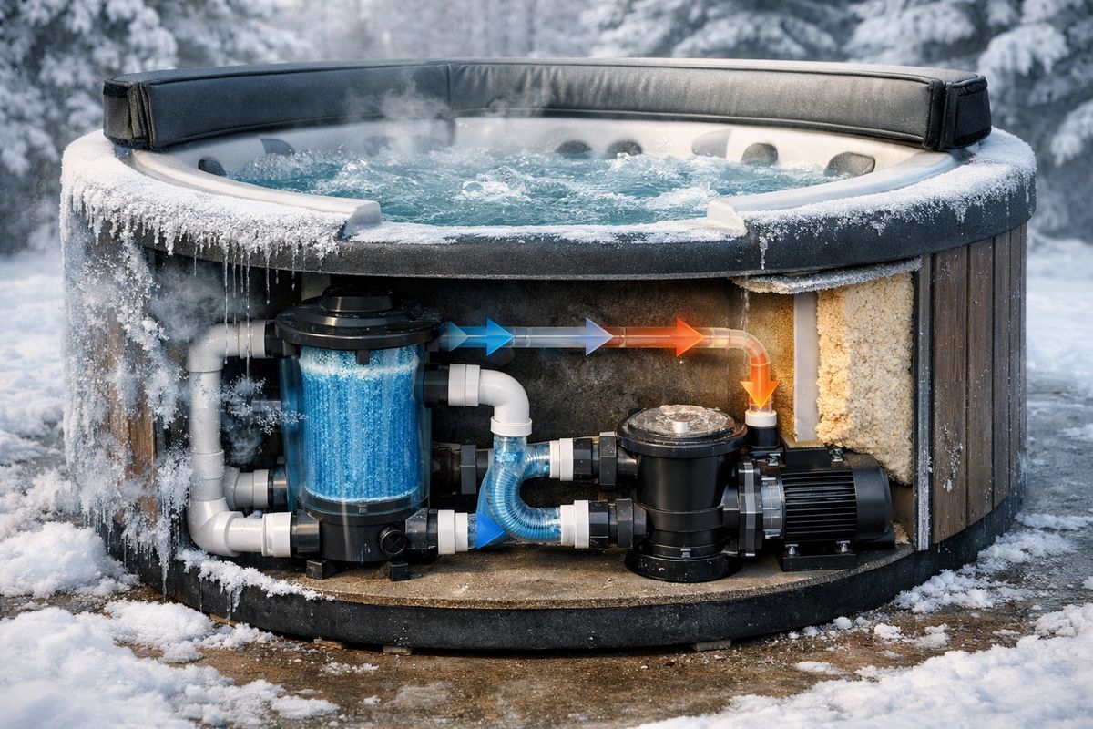 Een doorsnede-achtige visuele weergave van een jacuzzi-installatie in de winter: water stroomt continu door leidingen en filter, de pomp draait naast de kuip, en rond de buitenrand is koude lucht en lichte rijpvorming te zien, terwijl een goed afgesloten spa beter beschermd oogt tegen afkoelen en bevriezing.
