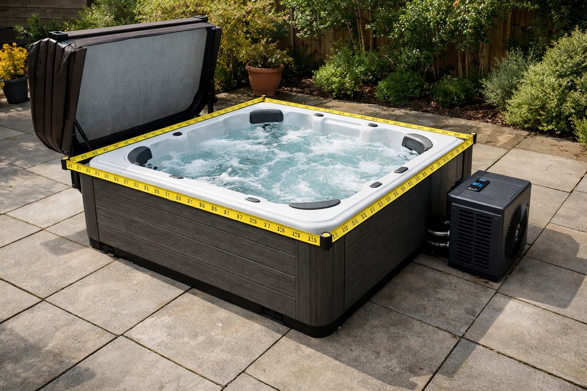 A square jacuzzi being measured for placement on a patio, with a tape measure stretched around the outer edges, extra clear walking space around it, a nearby cover propped open, and a visible pump unit beside the tub