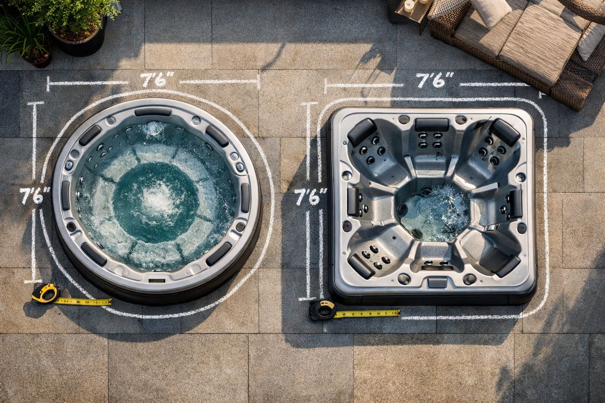 An overhead view of two large jacuzzi tubs being compared on a terrace, one with a more open circular seating layout for group use and the other with deeper molded seats, with a measuring tape and chalk outline marking the footprint around the tubs.