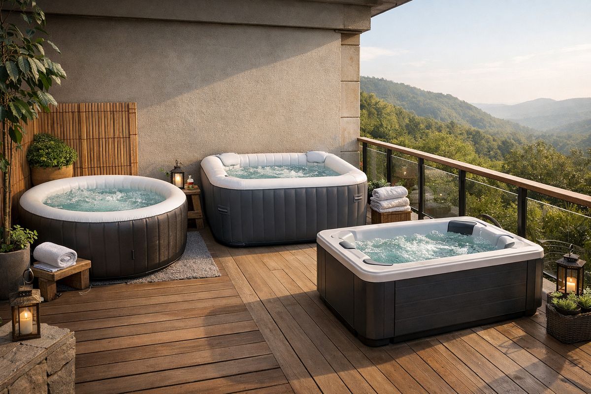 A concrete visual scene of three different spa models arranged on a balcony-like terrace: a round inflatable spa tucked into a corner, a square inflatable spa placed against a wall, and a compact rectangular hard-rim spa leaving a clear walking path along the railing, showing how shape affects placement