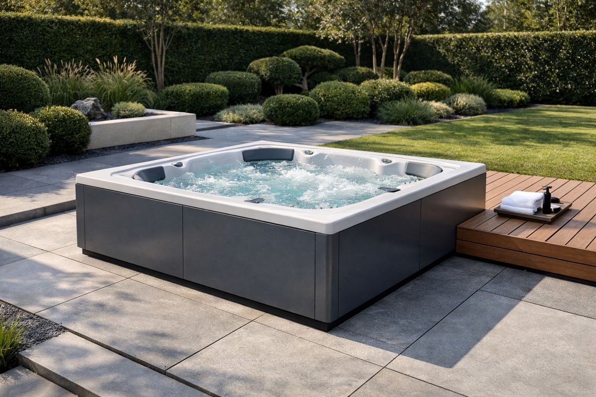 A high-end jacuzzi installed in a minimalist landscaped garden, with straight stone paving, a low wooden deck, sculpted greenery, and the spa’s smooth exterior panels and clean corners fitting tightly into the architectural setting