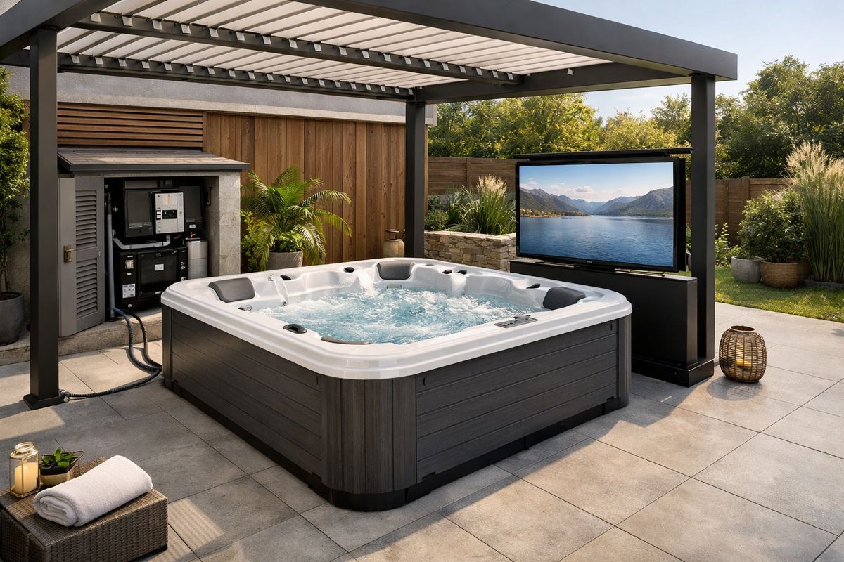 A spacious outdoor wellness corner with a large jacuzzi under a pergola, wide clearance around the tub, visible power cables routed neatly toward a sheltered equipment area, and enough room for a screen or TV lift installation beside the spa