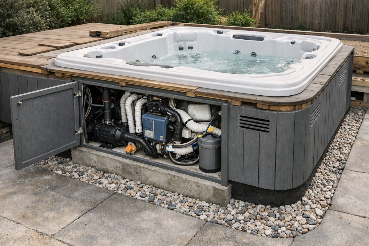 Een half aangelegde jacuzzi-ombouw in een achtertuin met een open serviceluik aan de zijkant, zicht op leidingen en techniek, een grindstrook voor drainage rondom de basis, ventilatieopeningen in de bekleding en een stevige betonnen fundering onder de kuip