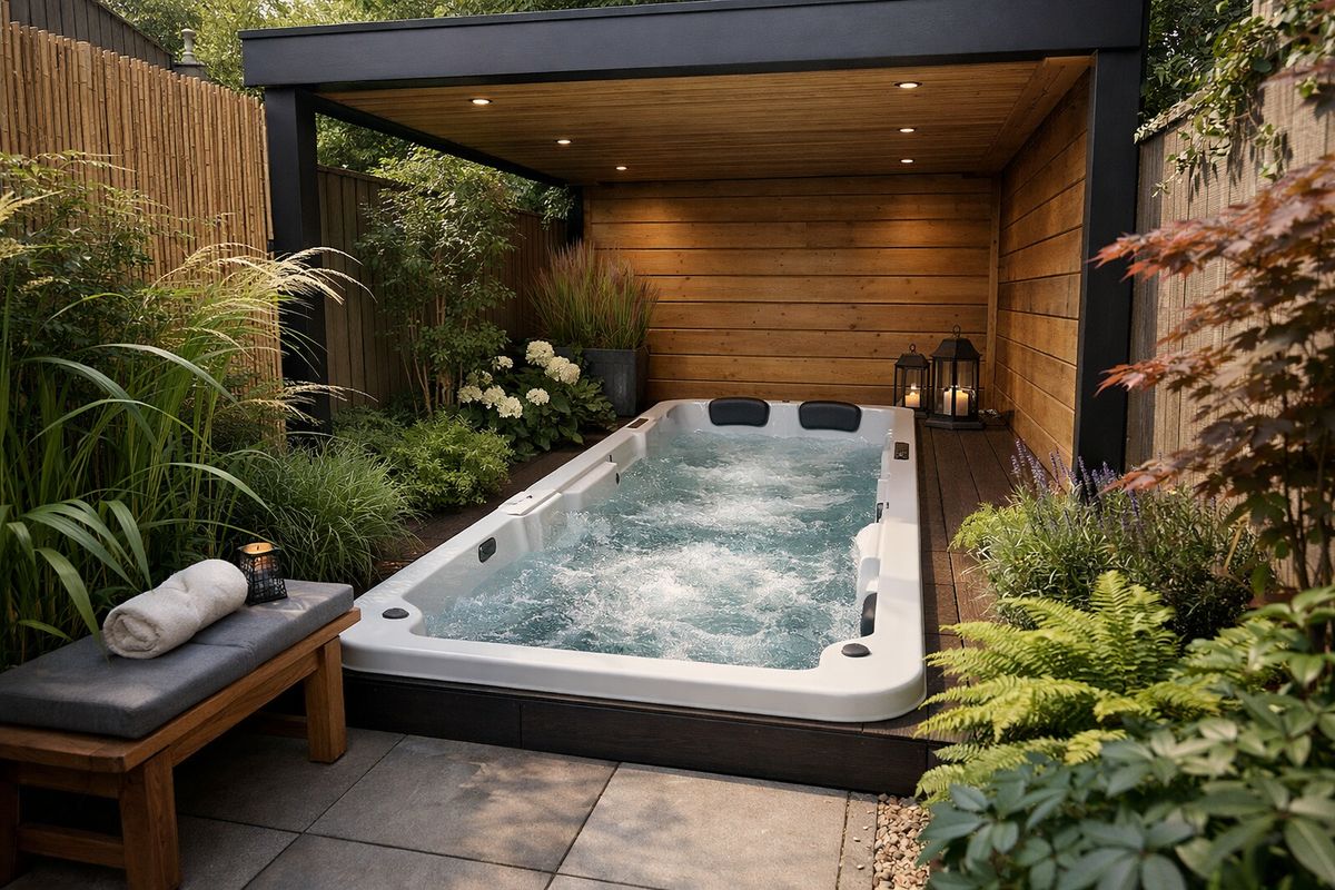 Een compacte tuin met een langwerpige jacuzzi strak onder een houten overkapping geplaatst, met rondom beperkte loopruimte, een klein zitbankje en tuinplanten dicht langs de rand om te laten zien hoe belangrijk bruikbare binnenlengte en een slimme plaatsing zijn.