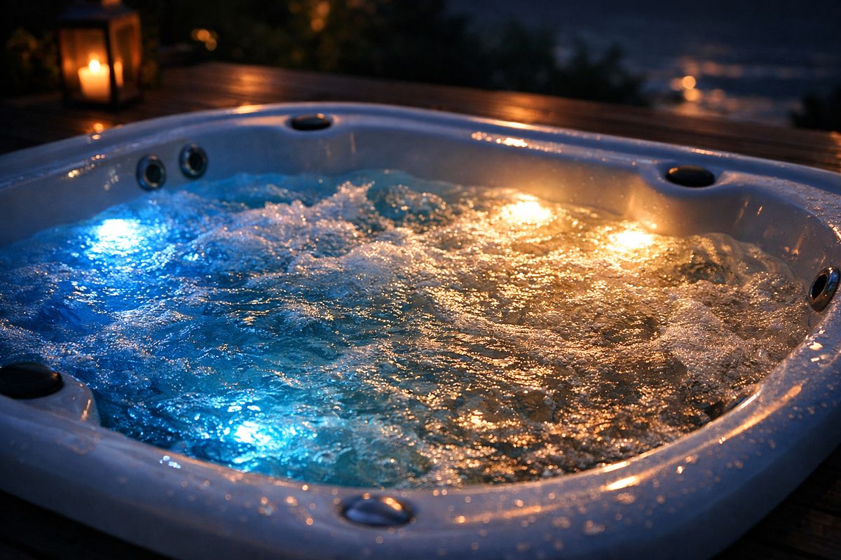 A close-up of a jacuzzi filled with water at twilight, lit from below by soft underwater LED lights in blue and warm white, with the water surface shimmering and the surrounding deck visible in low light