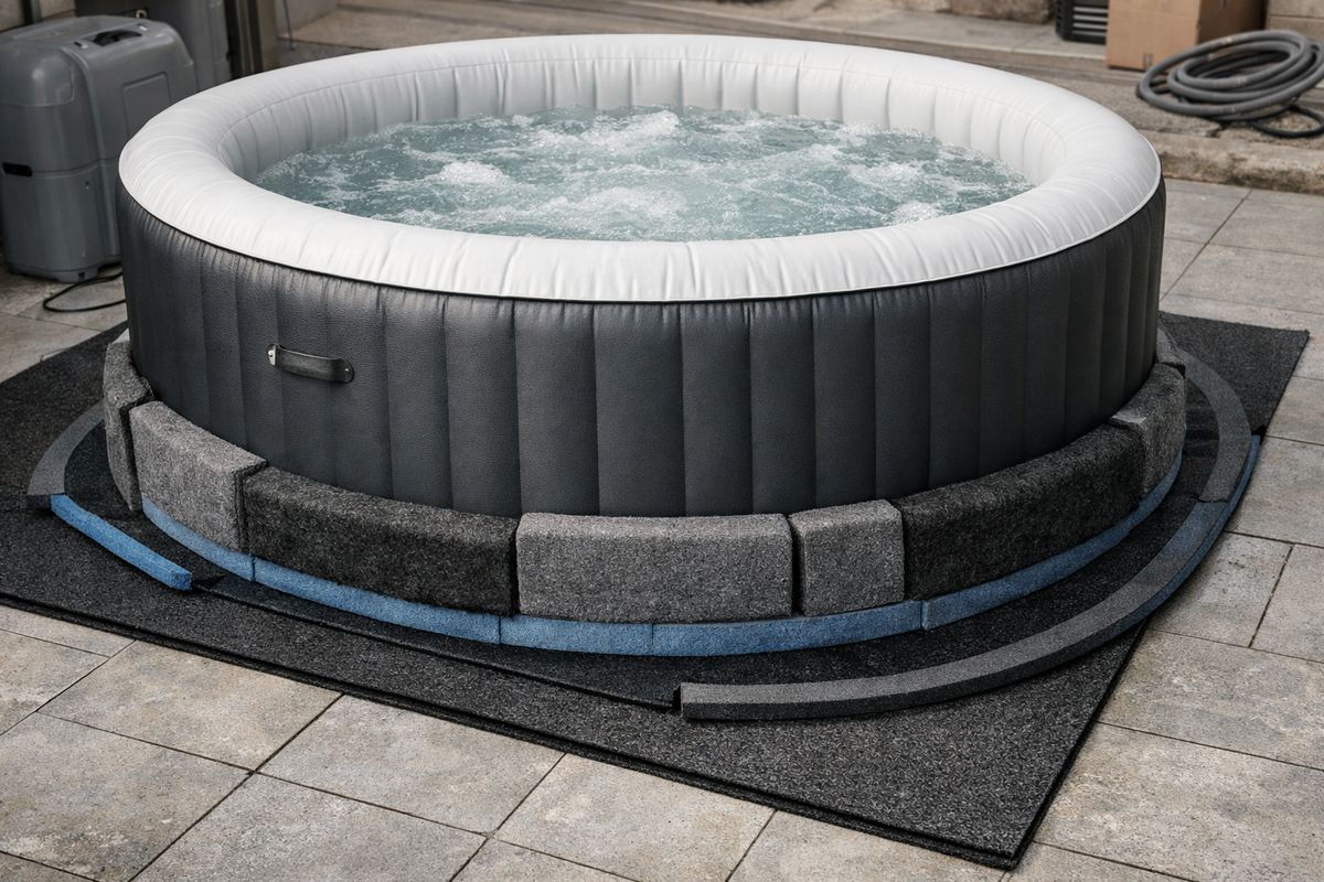 Een opblaasbare jacuzzi op een harde tegelvloer met daaronder een dunne geluidsisolerende onderlaag, randisolatiestroken langs de zijkanten en extra dempend materiaal rond de basis, alsof de installatie net wordt voorbereid om trillingen en contactgeluid te verminderen