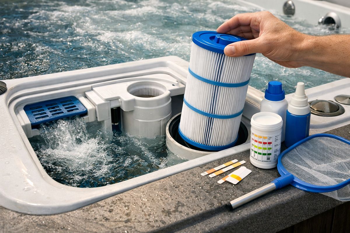 Een close-up van een swim spa-technische hoek met het filtercompartiment open, een verwijderbare filtercartridge in de hand, zichtbare watercirculatie via inlaat- en uitlaatopeningen, en daarnaast een klein setje wateronderhoudsspullen zoals teststrips, een doseerfles en een netje op de rand van het bad.