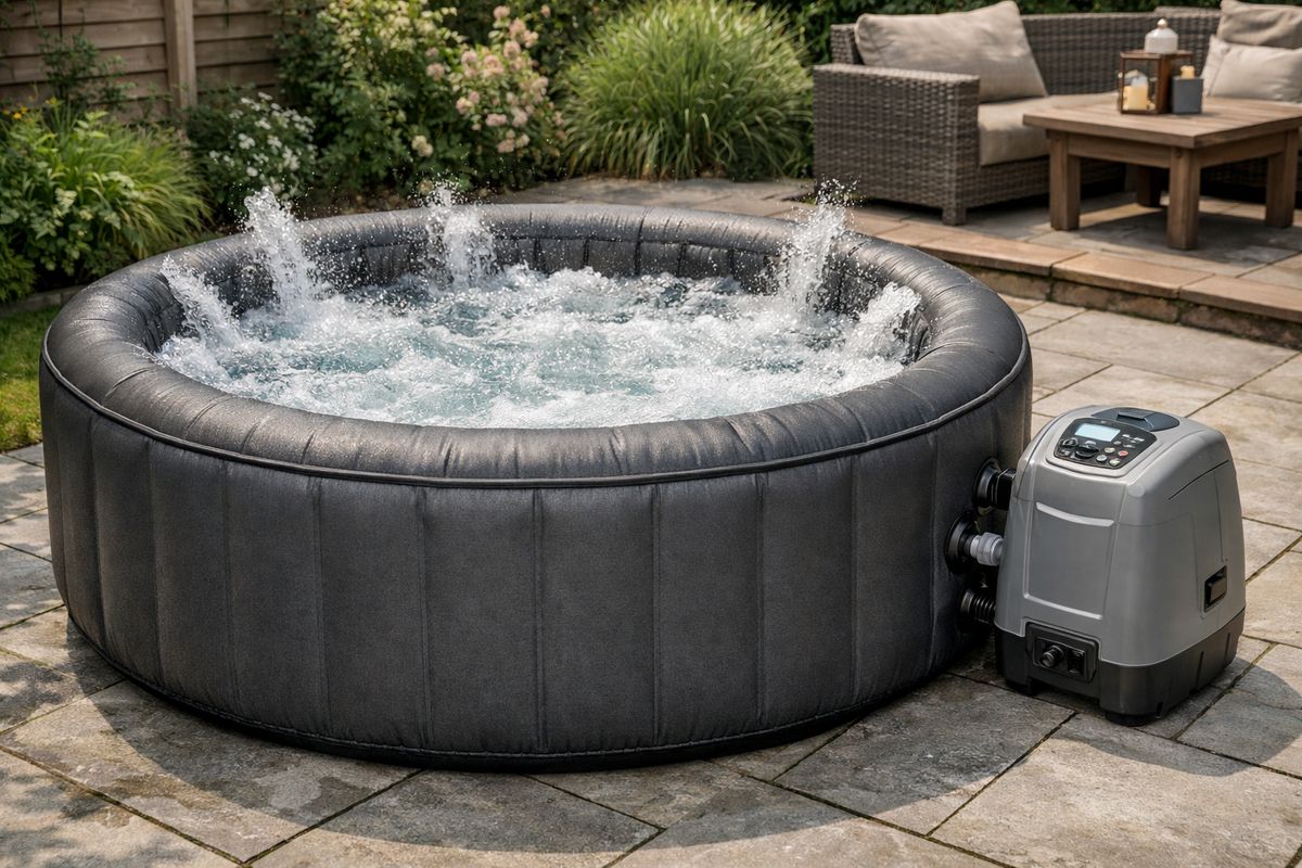 Een halfharde jacuzzi in werking in een achtertuin, met krachtige waterstralen en bubbels die uit de zijkanten omhoog komen terwijl de kuip strak en vormvast blijft; naast het bad staat de pompunit op de tegels en het wateroppervlak beweegt zichtbaar door de massagejets.