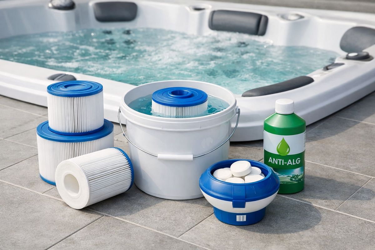 Een close-up van spa-onderhoudsaccessoires op een tegelvloer: meerdere ronde filters, een emmer met filterreiniger waarin een filter weekt, chloortabletten in een doseerbakje, een fles anti-alg en een open jacuzzi-kuip met helder water op de achtergrond