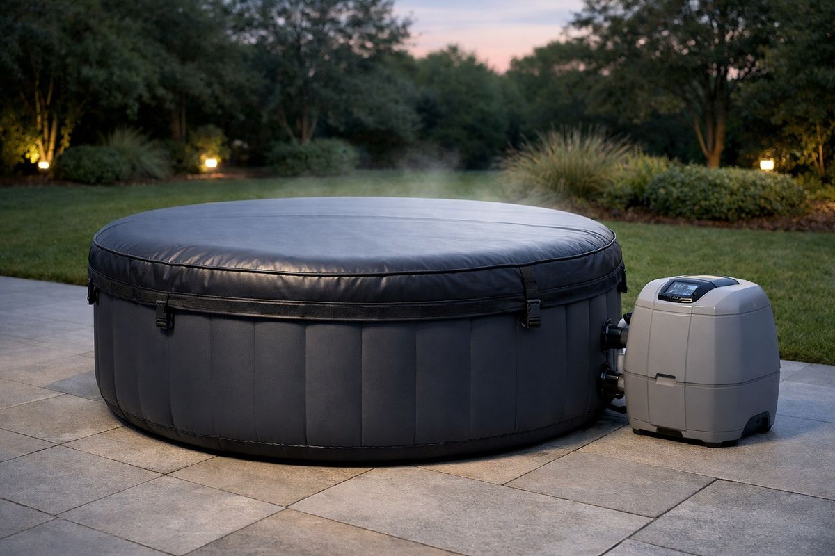 An inflatable jacuzzi filled with water in a garden at dusk, with steam rising slightly from the surface, a covered top trapping heat, and the pump unit running beside the tub