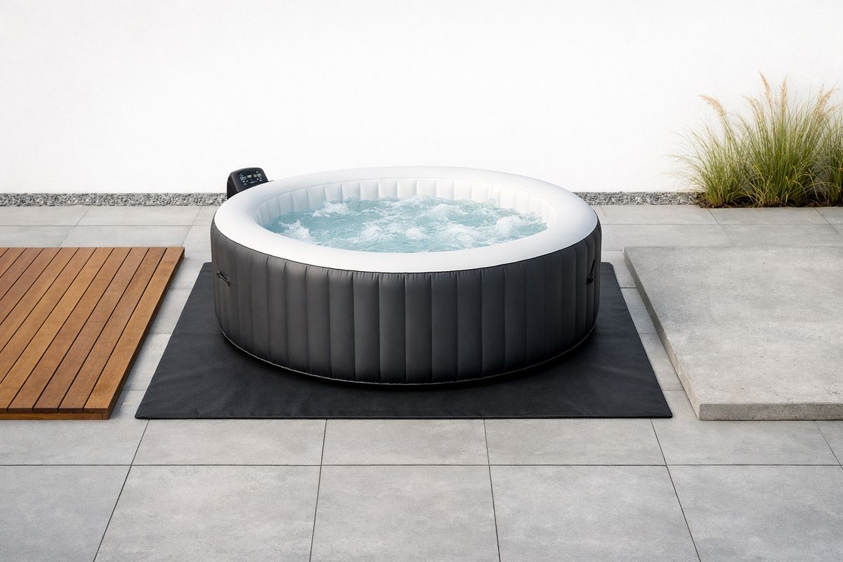 Een opblaasbare jacuzzi staat op een strak aangelegd terras met egale bestrating en een beschermmat eronder, naast een stevige houten vlonder en een stuk betonplaat als vergelijking van mogelijke ondergronden