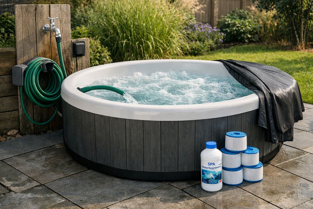 Een buitenjacuzzi naast een waterkraan en een stroompunt in de tuin, met een opgerolde tuinslang die de kuip vult, een stapeltje vervangingsfilters en een fles waterbehandelingsmiddel op een tegelterras, terwijl de afdekking over de rand hangt.