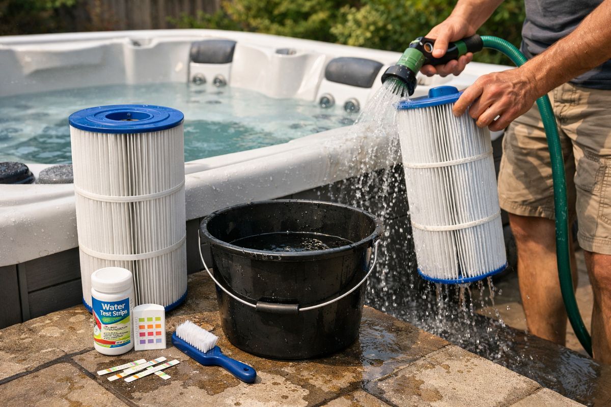 A maintenance setup beside an outdoor jacuzzi with a removed filter cartridge, water test strips, a small cleaning brush, a bucket, and the spa partially drained while someone rinses the filter outdoors