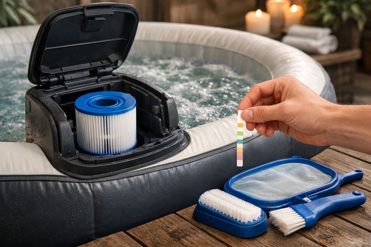 Een close-up van een opblaasbare ronde jacuzzi met open filtercompartiment, een verwijderbaar cartridgefilter, een waterteststrip in de hand boven het water en schoonmaakspullen zoals een net en onderhoudsborstel ernaast, in een rustige binnen- of overdekte spa-opstelling.
