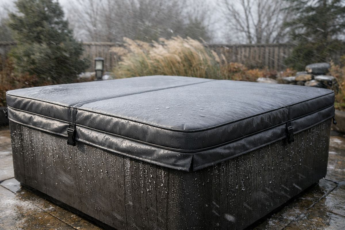 A square spa outdoors in cool weather with a thick insulated cover pulled tightly over it, condensation on the sides, and a close view of the cover fitting snugly over the water area while the garden around it appears windy and cold