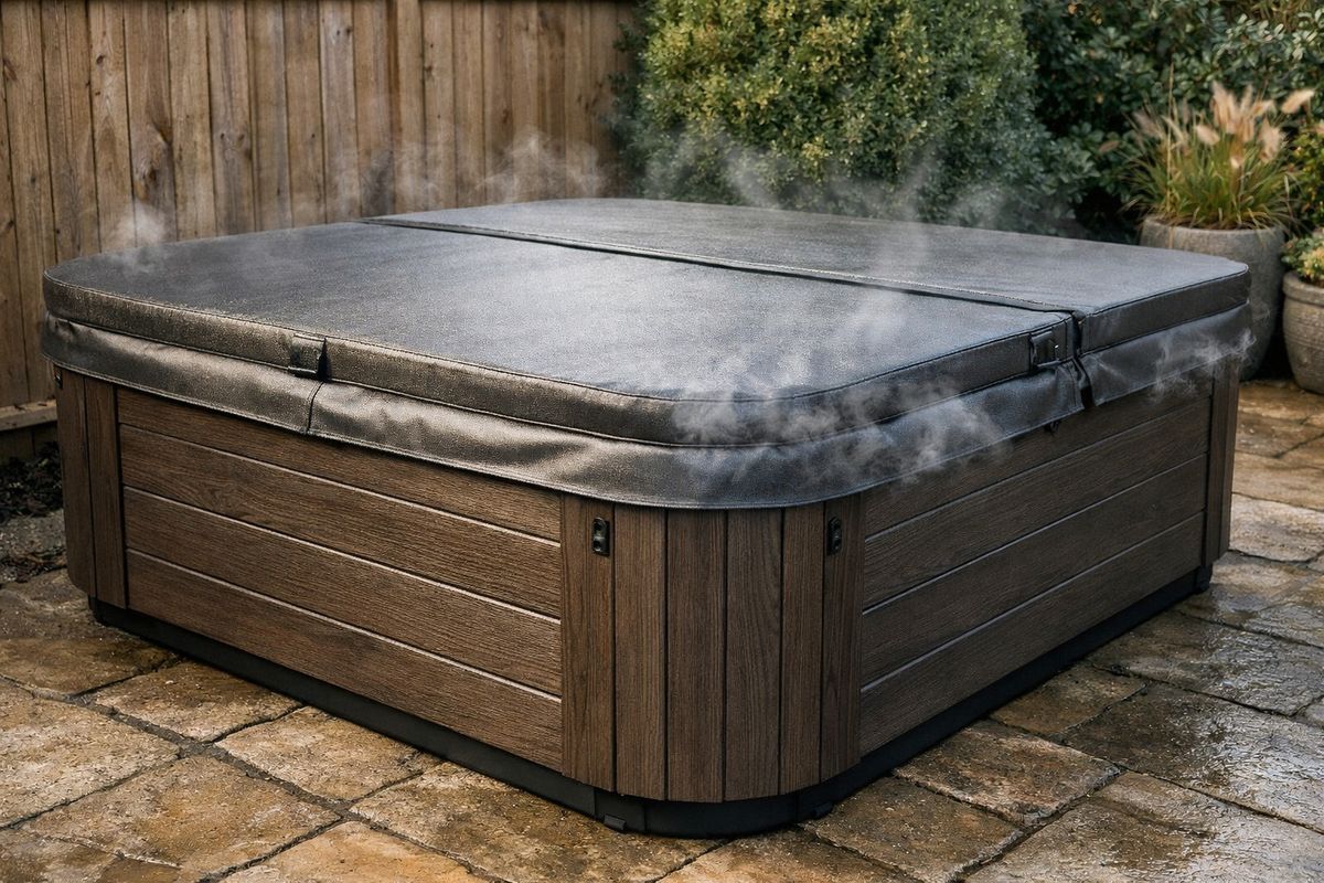 A close-up outdoor scene of a large jacuzzi with its insulated cover closed, thick side panels visible, and steam rising slightly from the water edge, placed in a sheltered garden corner beside a fence and patio paving.