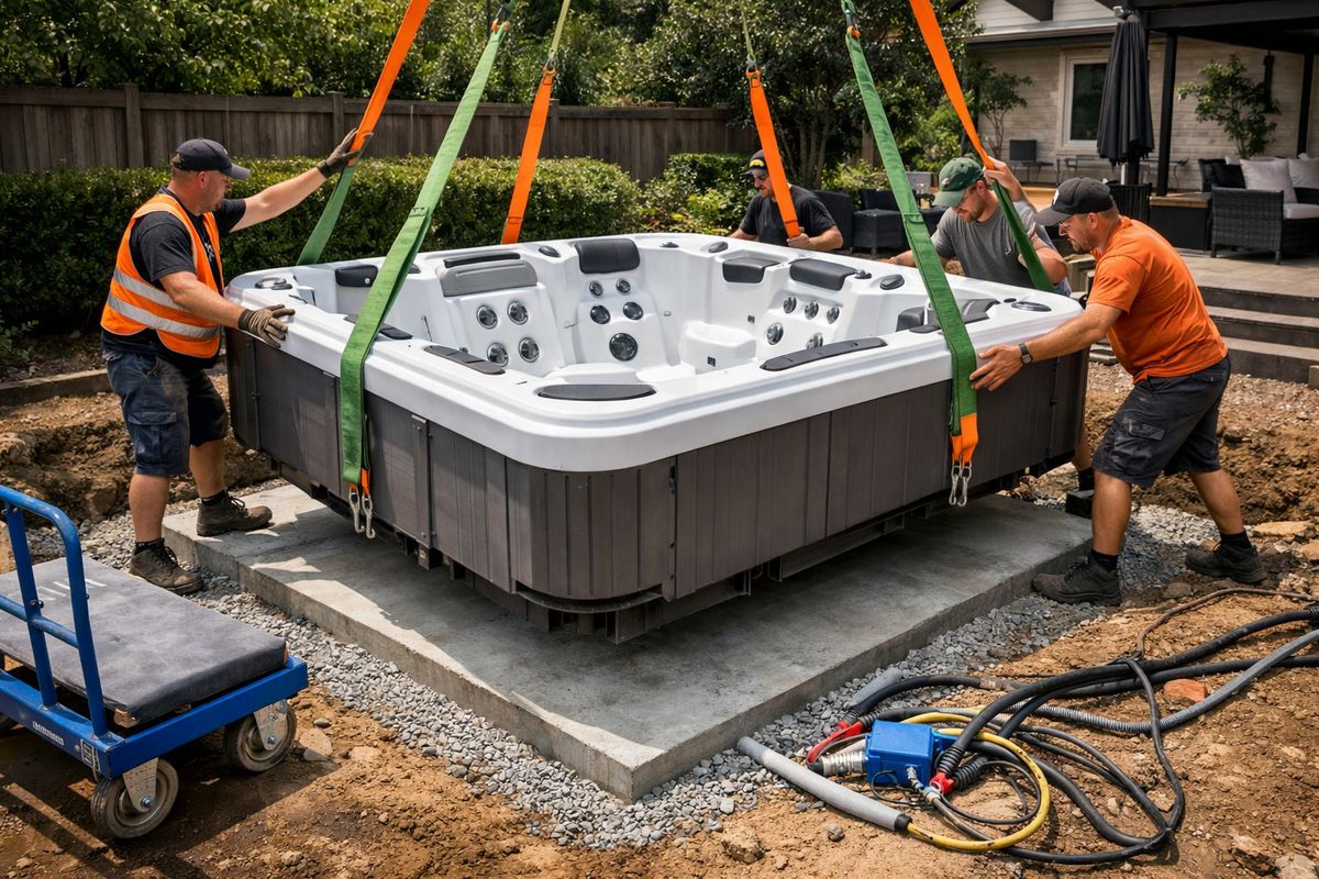 A large luxury jacuzzi being positioned on a reinforced outdoor base during installation, with several workers guiding it into place using lifting straps, a delivery trolley nearby, exposed power cabling, and a prepared foundation area in the backyard