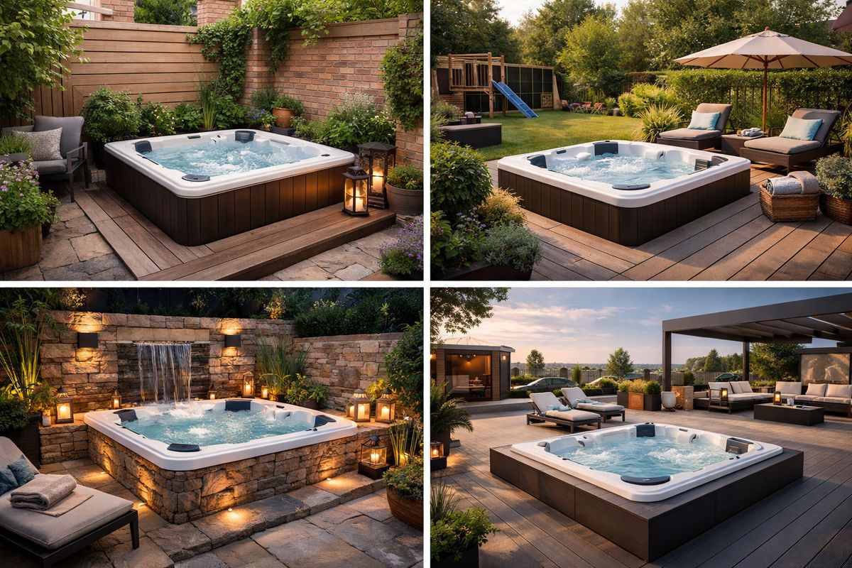 Vier verschillende tuinopstellingen van een ingebouwde jacuzzi: een compacte spa in een kleine stadstuin, een middelgroot model in een gezinstuin, een luxe premium opstelling met natuursteen en sfeerverlichting, en een groter high-end wellnessgedeelte op een ruim terras met strakke composietafwerking