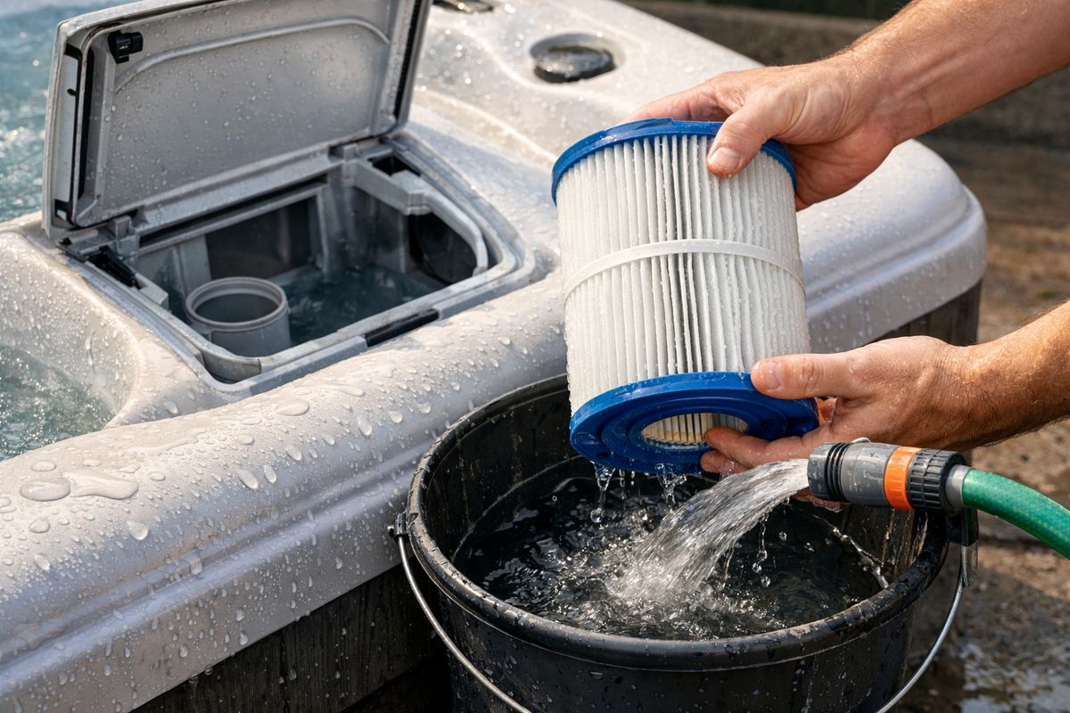 Een close-up van een jacuzzi-onderhoudssituatie: het filtergedeelte opengeklapt, een verwijderbaar filter in handen boven een emmer water, een slang om af te spoelen en de rand van de spa met condens en waterdruppels, zodat dagelijks schoonmaken en filterreiniging visueel duidelijk worden.