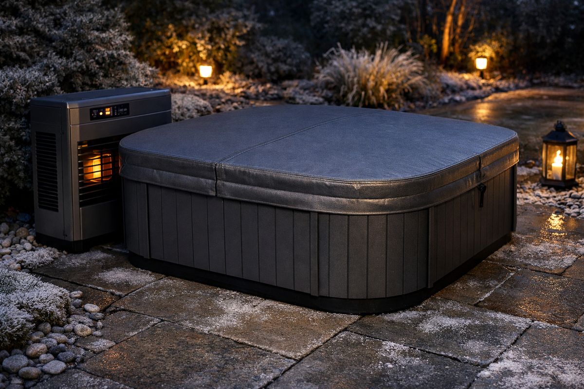 An outdoor jacuzzi covered with a fitted thermal cover beside an electric heater unit and insulated side panels, placed on a cold evening patio with visible frost on nearby stones and dim ambient garden lighting
