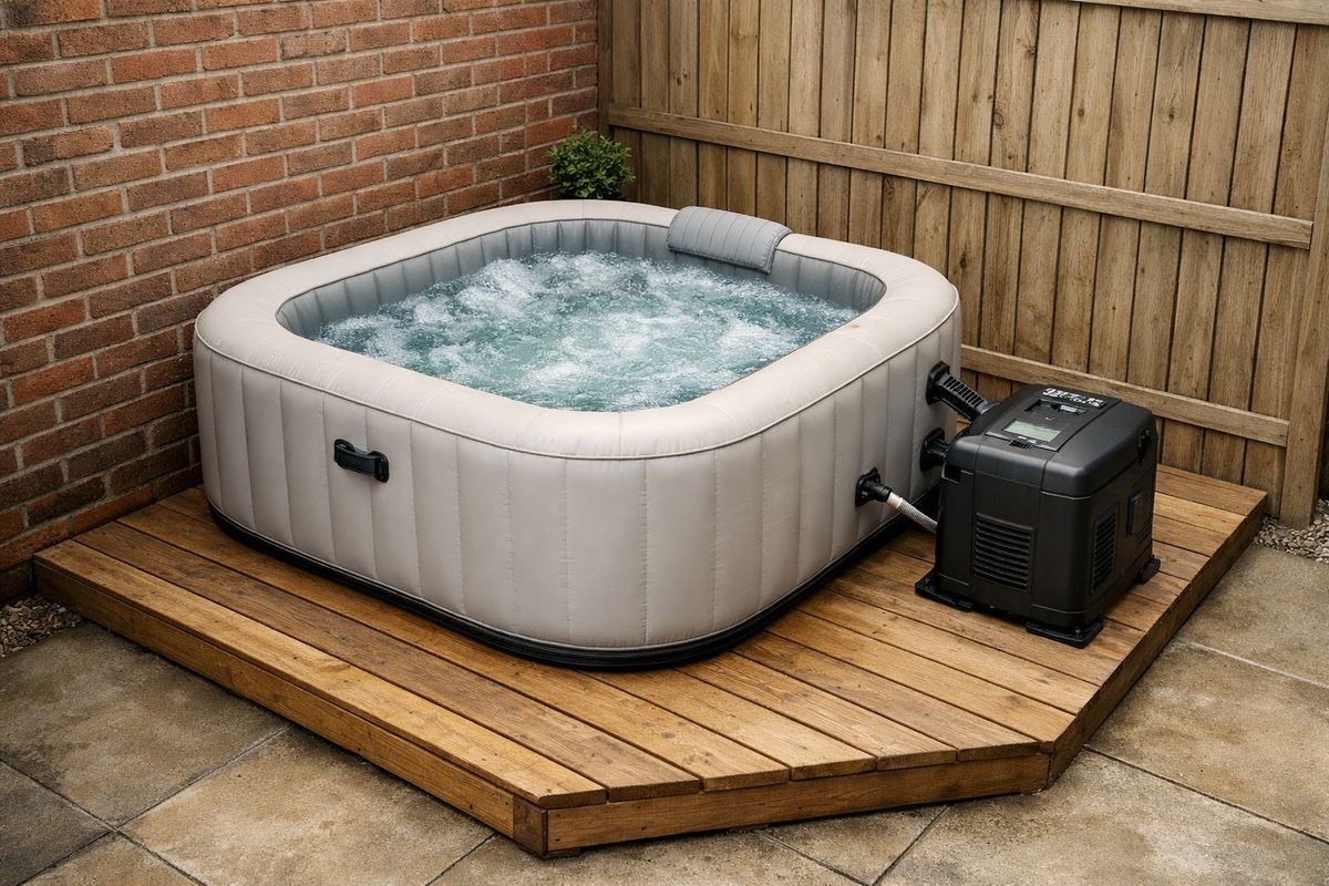 Een compacte jacuzzi op een versterkt houten terras naast een buitenmuur, met voldoende loopruimte rondom voor onderhoud en instappen, een losse pompunit op de grond en een duidelijke indruk van het totale gewicht en de benodigde ruimte in een kleine buitenhoek.