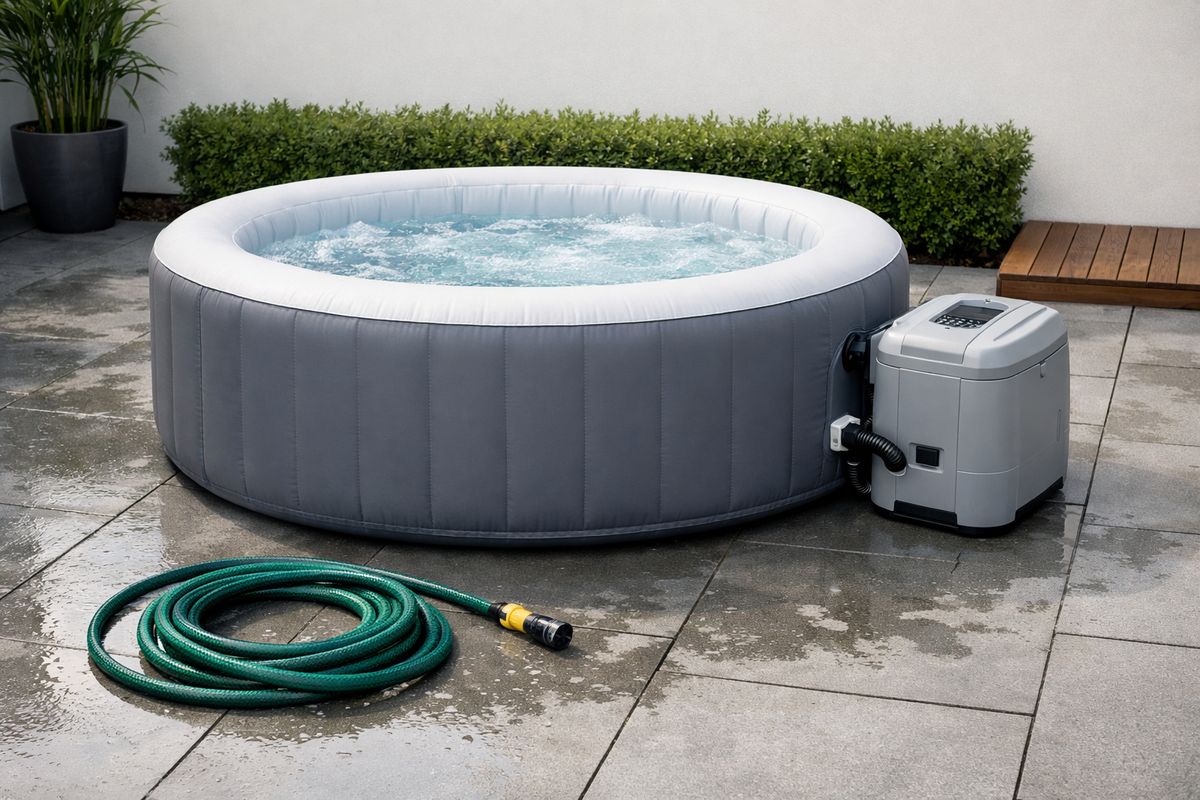 Een gevulde opblaasbare jacuzzi in een achtertuin met de wanden strak gespannen, een zichtbare pompunit aan de zijkant en een natte tuinslang op de grond, alsof hij net is gevuld met water